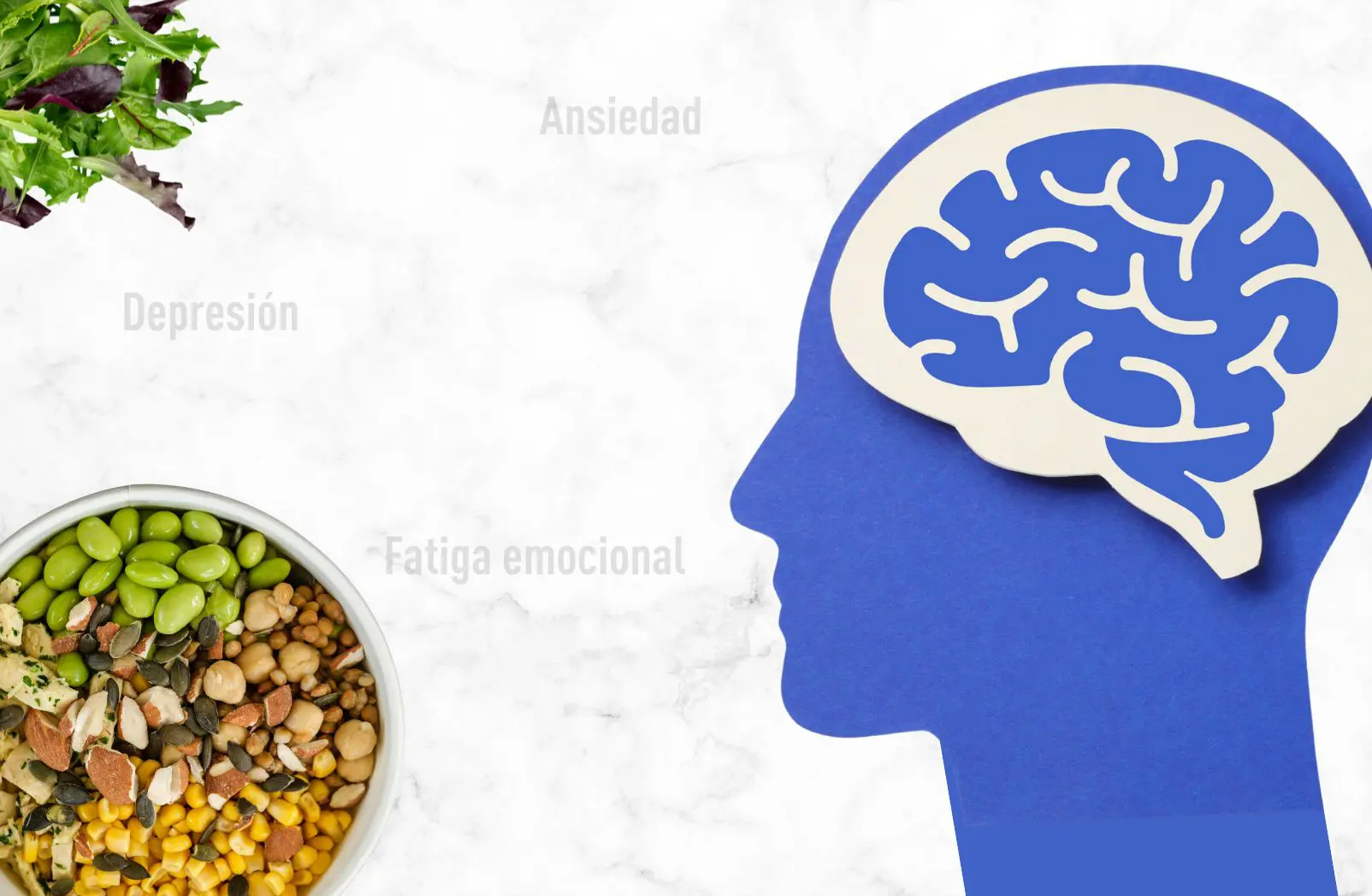 Ilustración sobre la relación entre salud mental y alimentación para tratar ansiedad, depresión y fatiga emocional